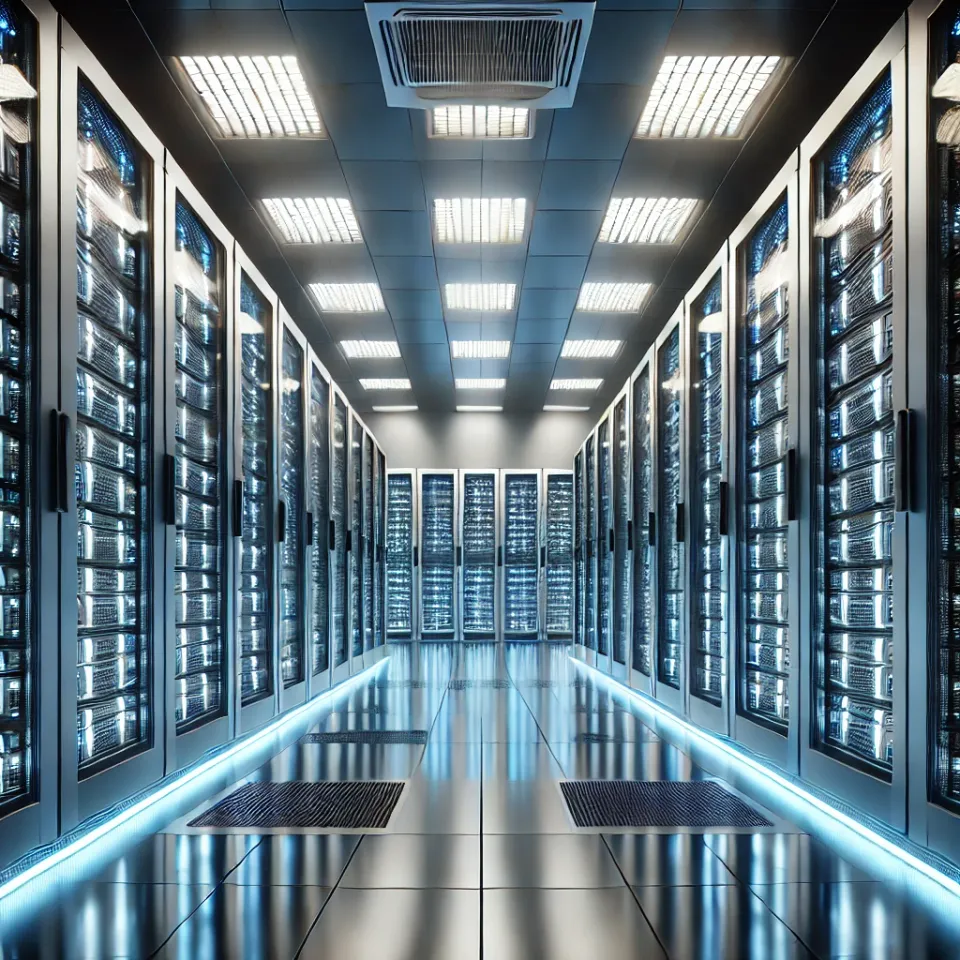 Thematic photograph: DALL·E 2025-01-31 21.58.22 - A realistic image of the interior of a modern data center. The scene features long rows of tall, sleek server racks filled with blinking LED lights. T.webp